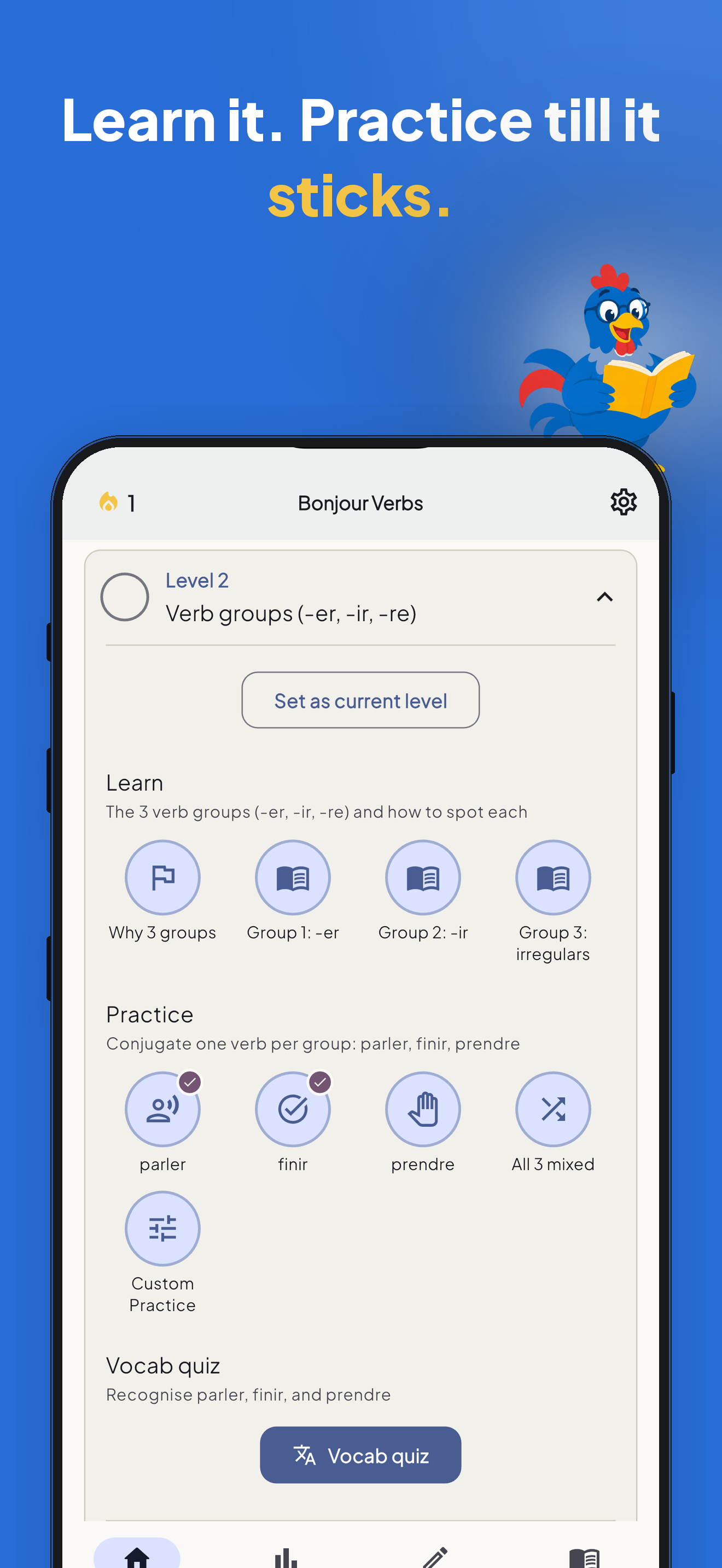 Bonjour Verbs guided level with lessons and practice