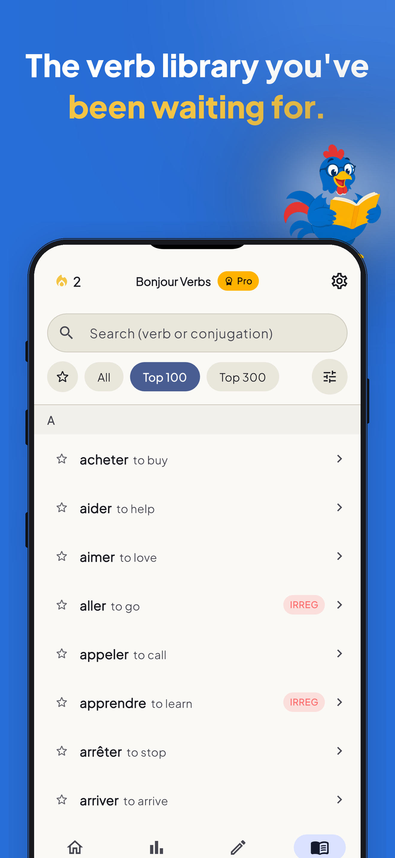 Bonjour Verbs verb library with search and frequency filters