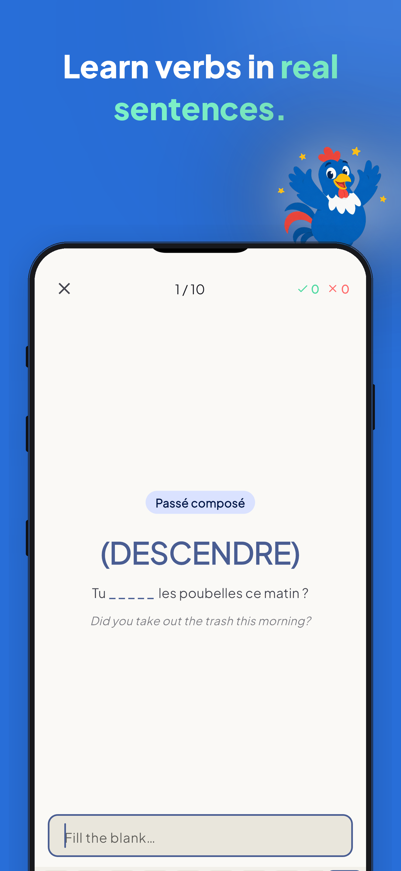 Bonjour Verbs in-context quiz: fill the blank in a real French sentence
