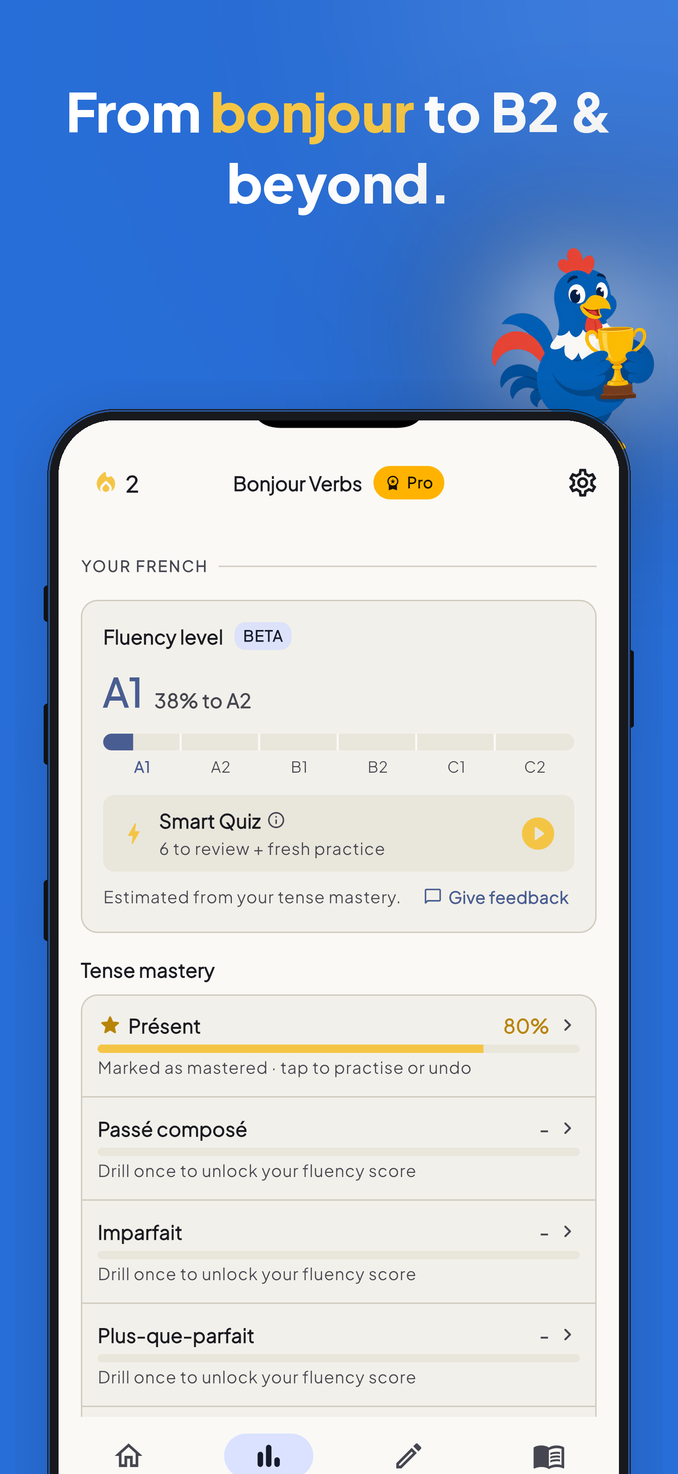 Bonjour Verbs stats screen: CEFR fluency level, Smart Quiz, and per-tense mastery